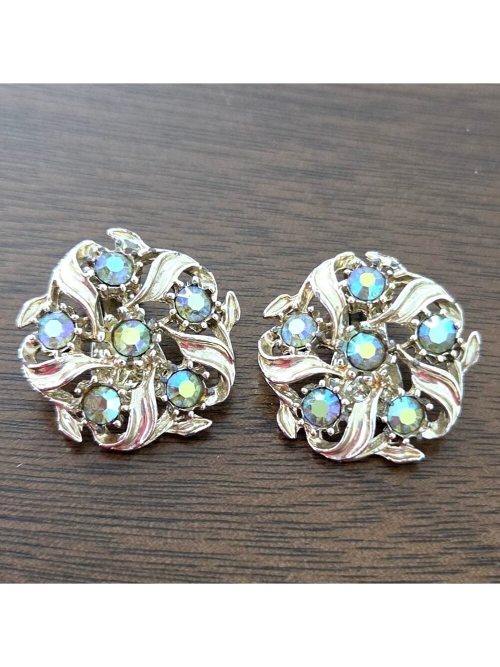 Vintage Aurora Borealis Rhinestone Wreath Silver Tone Clip on Earrings